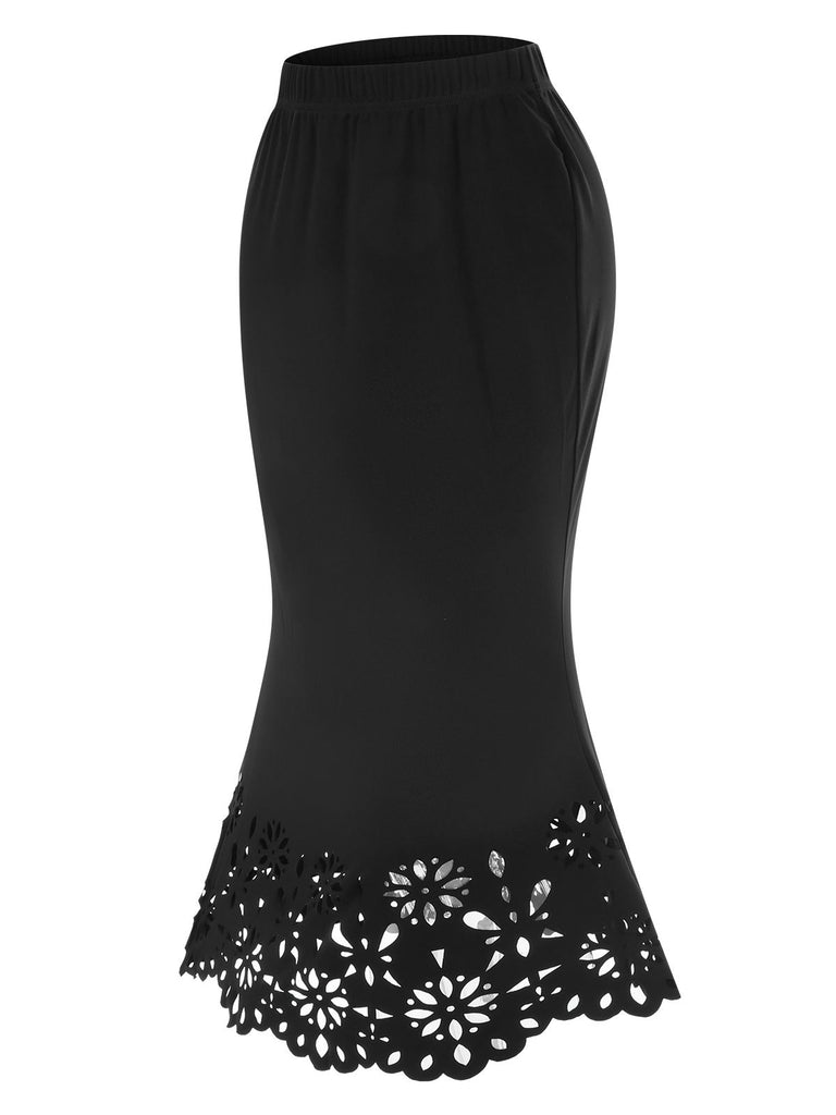 Back view: 1930s 1930s Hollow Out Solid Fishtail Skirt, perfect for retro themed parties, vintage fashion enthusiasts and special occasions