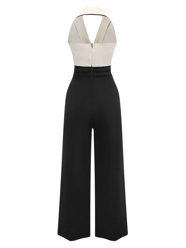 Black & White 1930s Contrast Notched Collar Jumpsuit - vintage jumpsuit, retro fashion, classic black