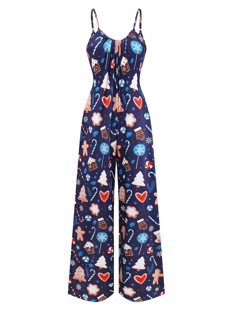 Blue 1930s Christmas Elements Printed Straps Jumpsuit - vintage jumpsuit, retro fashion