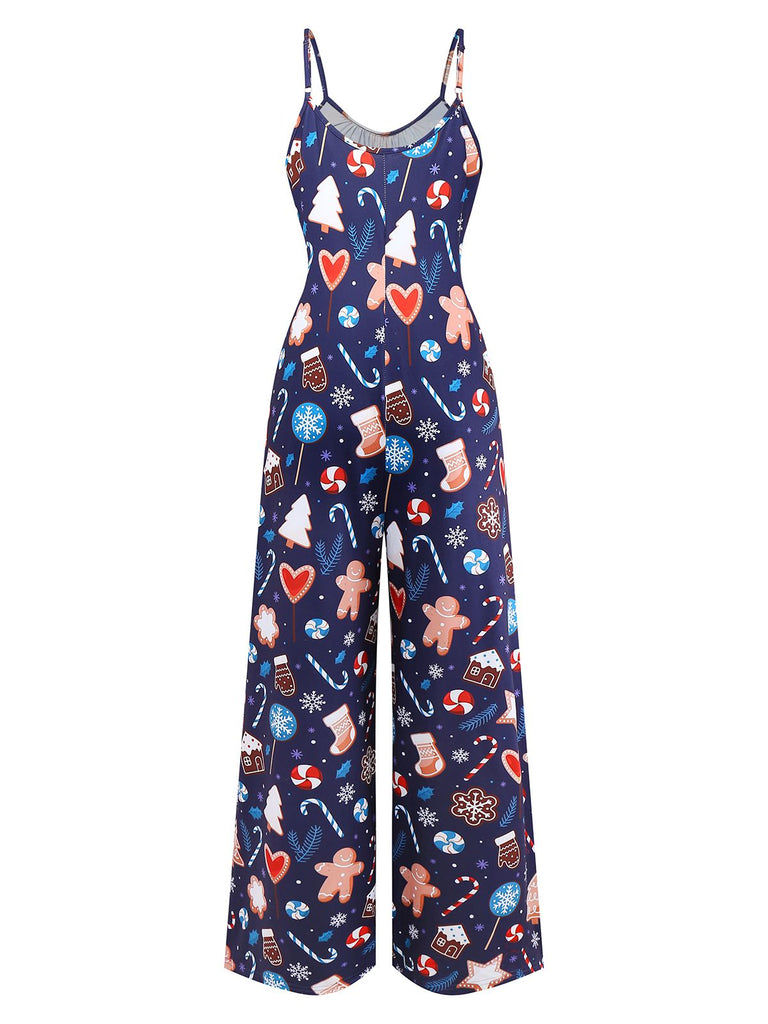Blue 1930s Christmas Elements Printed Straps Jumpsuit - vintage jumpsuit, retro fashion