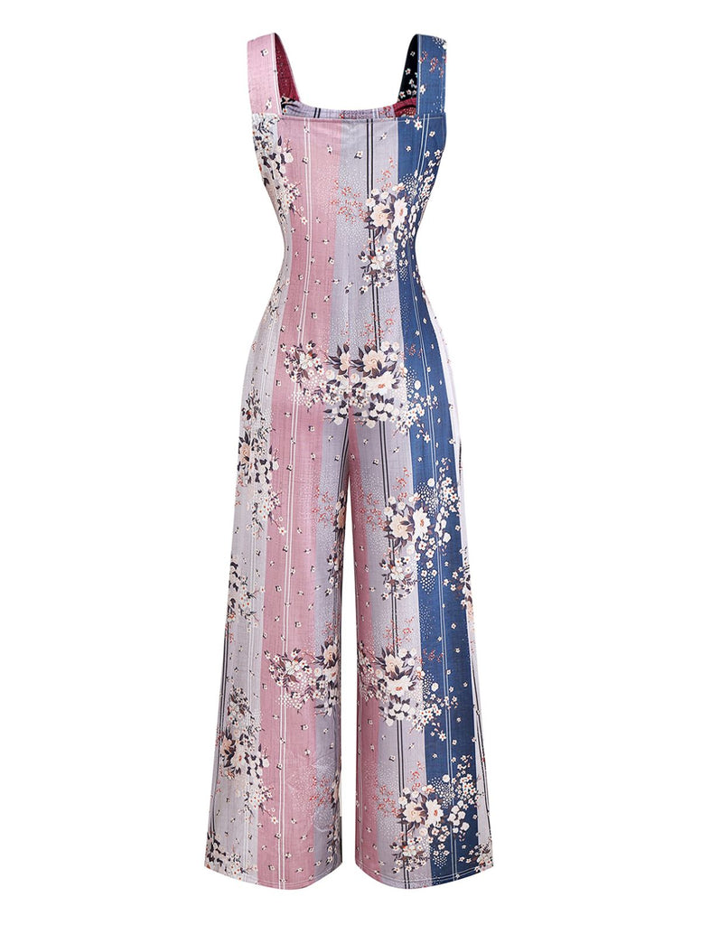 1930s Floral Colorblock High-Rise Suspender Jumpsuit - vintage jumpsuit, retro fashion