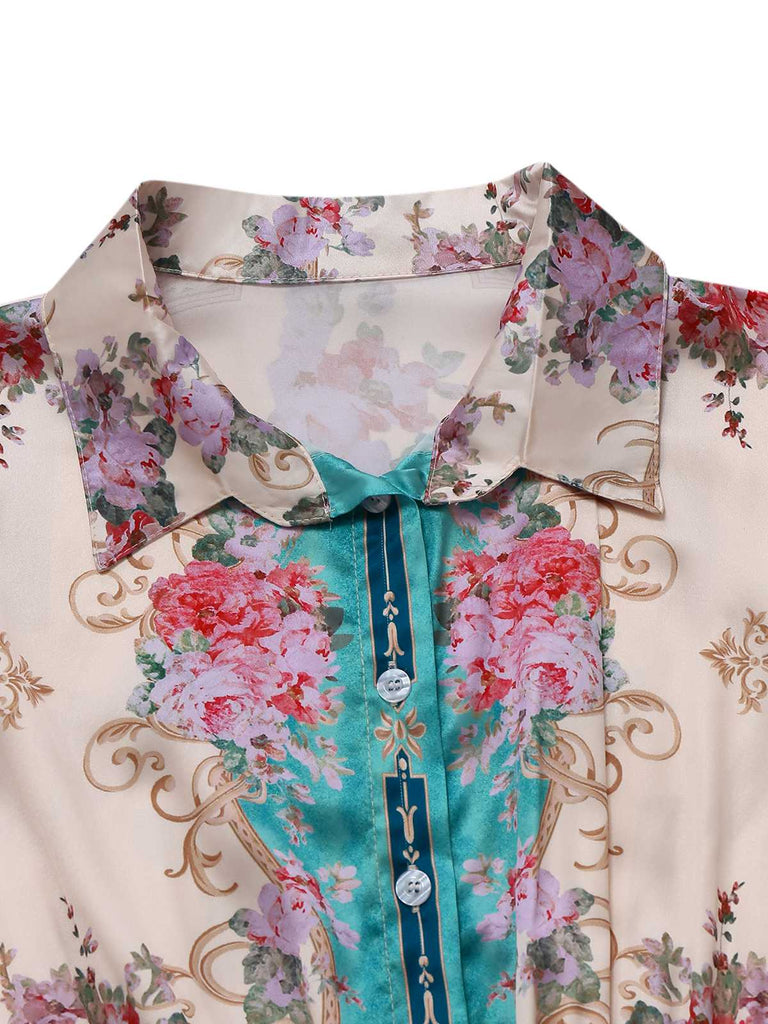Green 1930s Symmetrical Floral Shirt Collar Jumpsuit - vintage jumpsuit, retro fashion