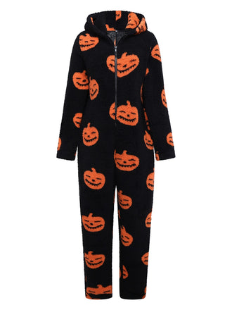 Orange 1930s Halloween Pumpkin Zipper Hooded Jumpsuit - vintage jumpsuit, retro fashion