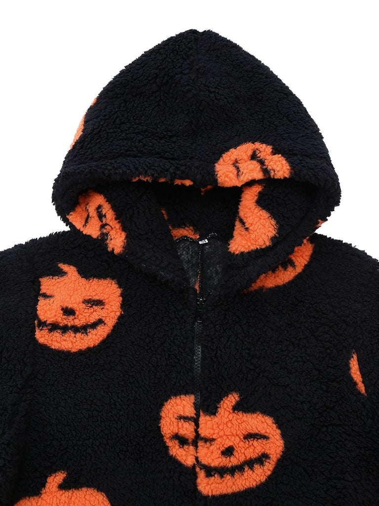 Orange 1930s Halloween Pumpkin Zipper Hooded Jumpsuit - vintage jumpsuit, retro fashion