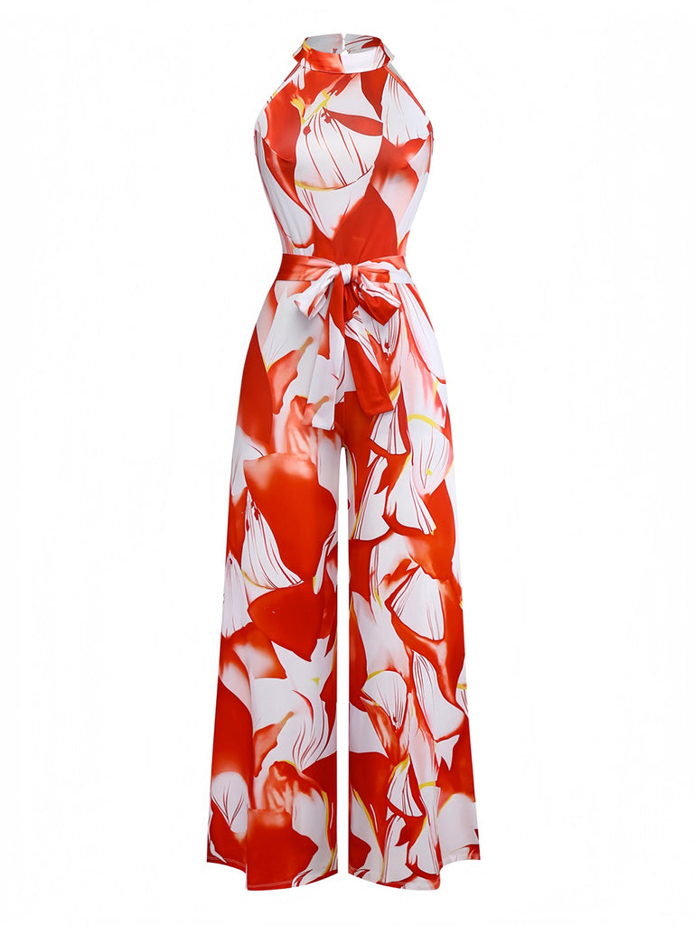 Red 1930s Abstract Prints Belted Sleeveless Jumpsuit - vintage jumpsuit, retro fashion, elegant red