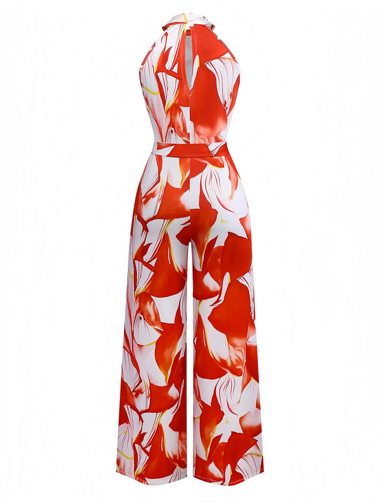 Red 1930s Abstract Prints Belted Sleeveless Jumpsuit - vintage jumpsuit, retro fashion, elegant red
