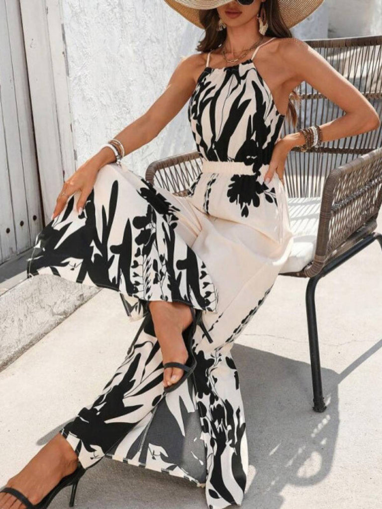 White 1930s Silhouette Plants Spaghetti Straps Jumpsuit - vintage jumpsuit, retro fashion, pure white