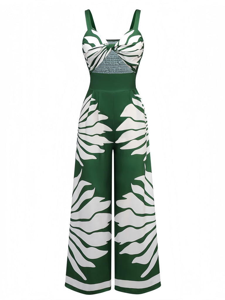 1930s Wide-Strap Hollow Twist Smocked Floral Jumpsuit - vintage jumpsuit, retro fashion