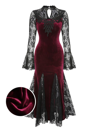 Front view: 1930s 1930s Lace Long Sleeve Fishtail Dress, perfect for retro themed parties, vintage fashion enthusiasts and special occasions