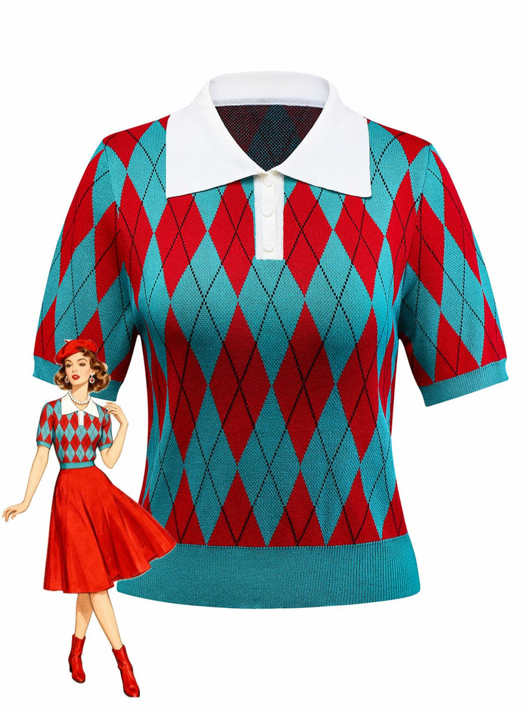 1930s Lapel Collar Color Block Diamond Grid Sweater - vintage fashion, retro style