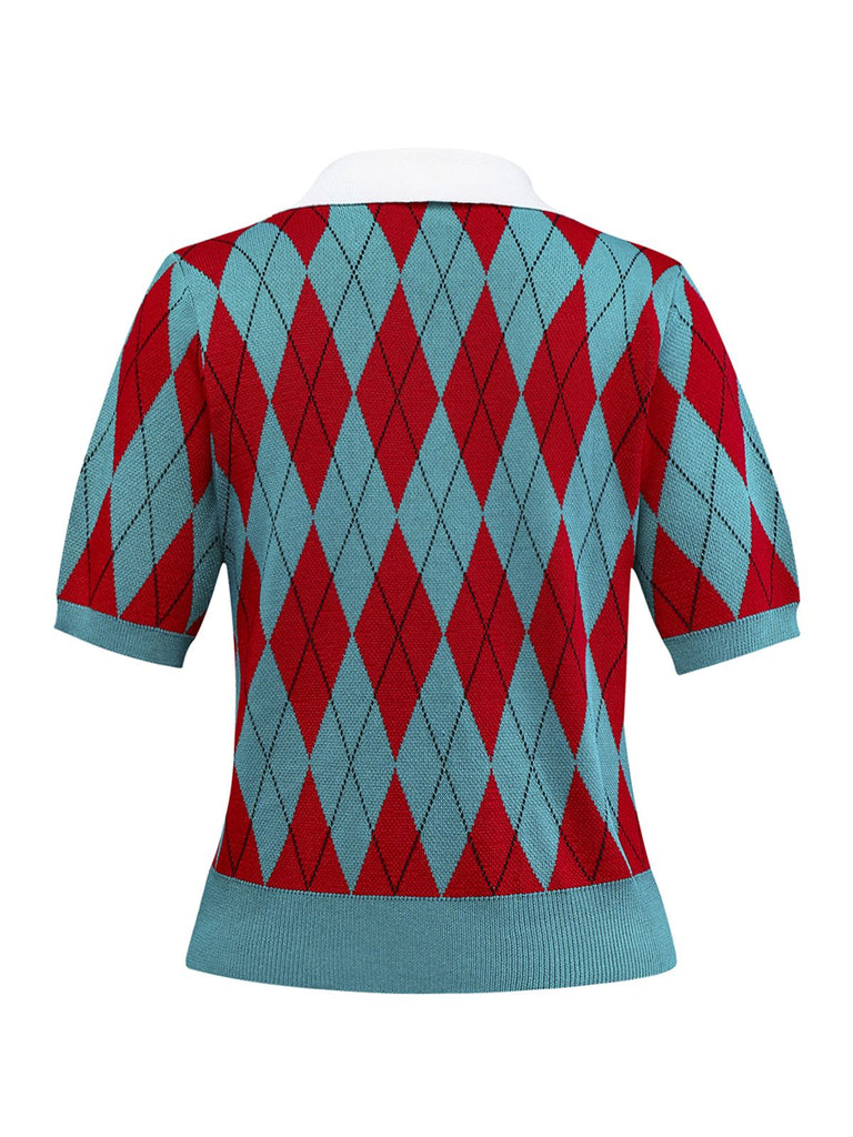 1930s Lapel Collar Color Block Diamond Grid Sweater - vintage fashion, retro style