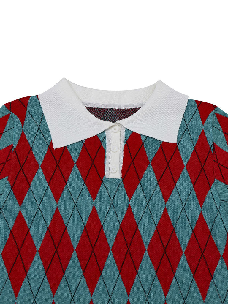 1930s Lapel Collar Color Block Diamond Grid Sweater - vintage fashion, retro style