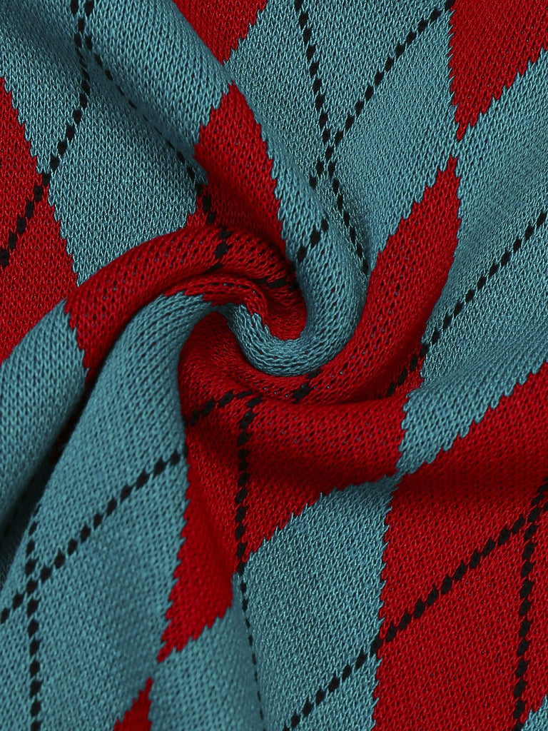 1930s Lapel Collar Color Block Diamond Grid Sweater - vintage fashion, retro style