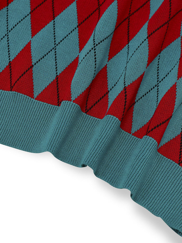 1930s Lapel Collar Color Block Diamond Grid Sweater - vintage fashion, retro style