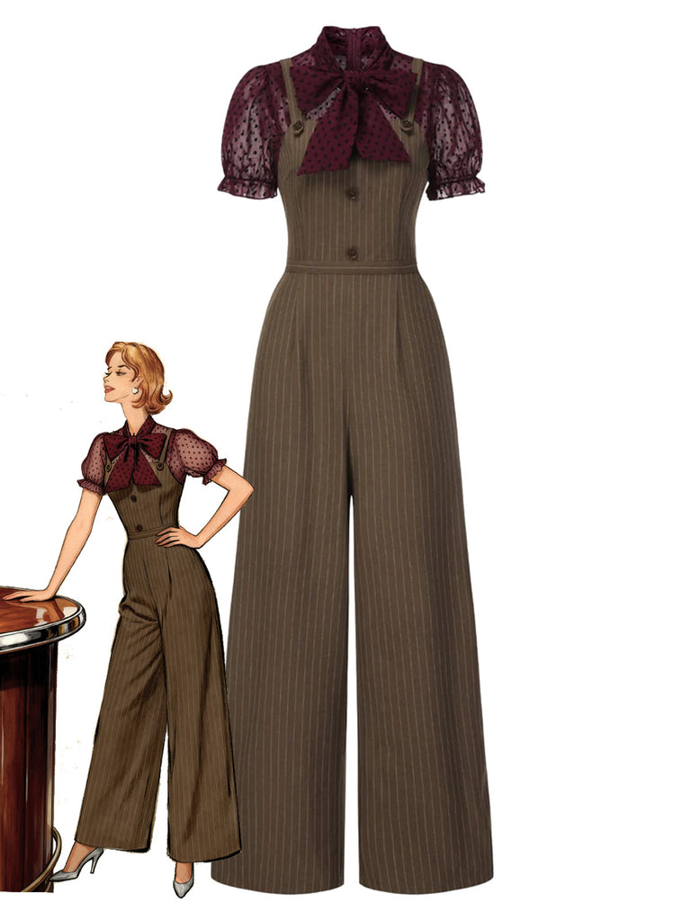 1930s Mesh Patchwork Vertical Stripe Jumpsuit - vintage jumpsuit, retro fashion