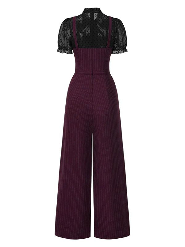 1930s Mesh Patchwork Vertical Stripe Jumpsuit - vintage jumpsuit, retro fashion