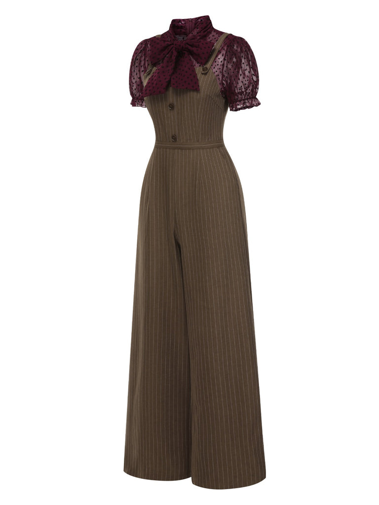 Red 1930s Mesh Patchwork Vertical Stripe Jumpsuit, vintage romper, retro jumpsuit - perfect for women who love vintage and retro fashion
