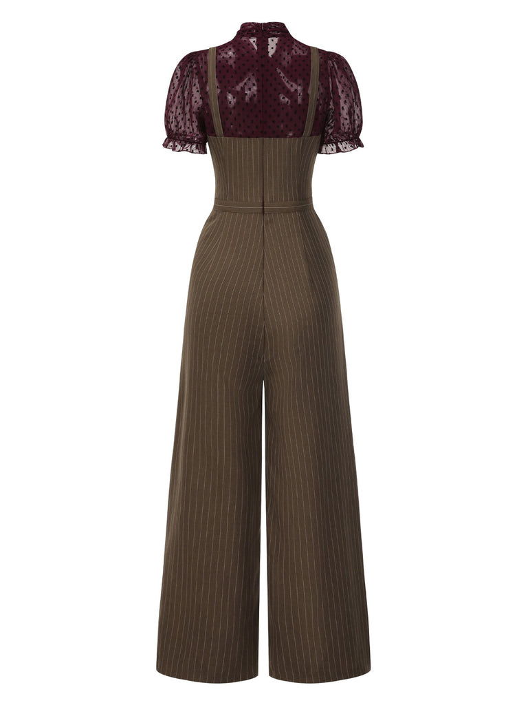 Red 1930s Mesh Patchwork Vertical Stripe Jumpsuit, vintage romper, retro jumpsuit - perfect for women who love vintage and retro fashion