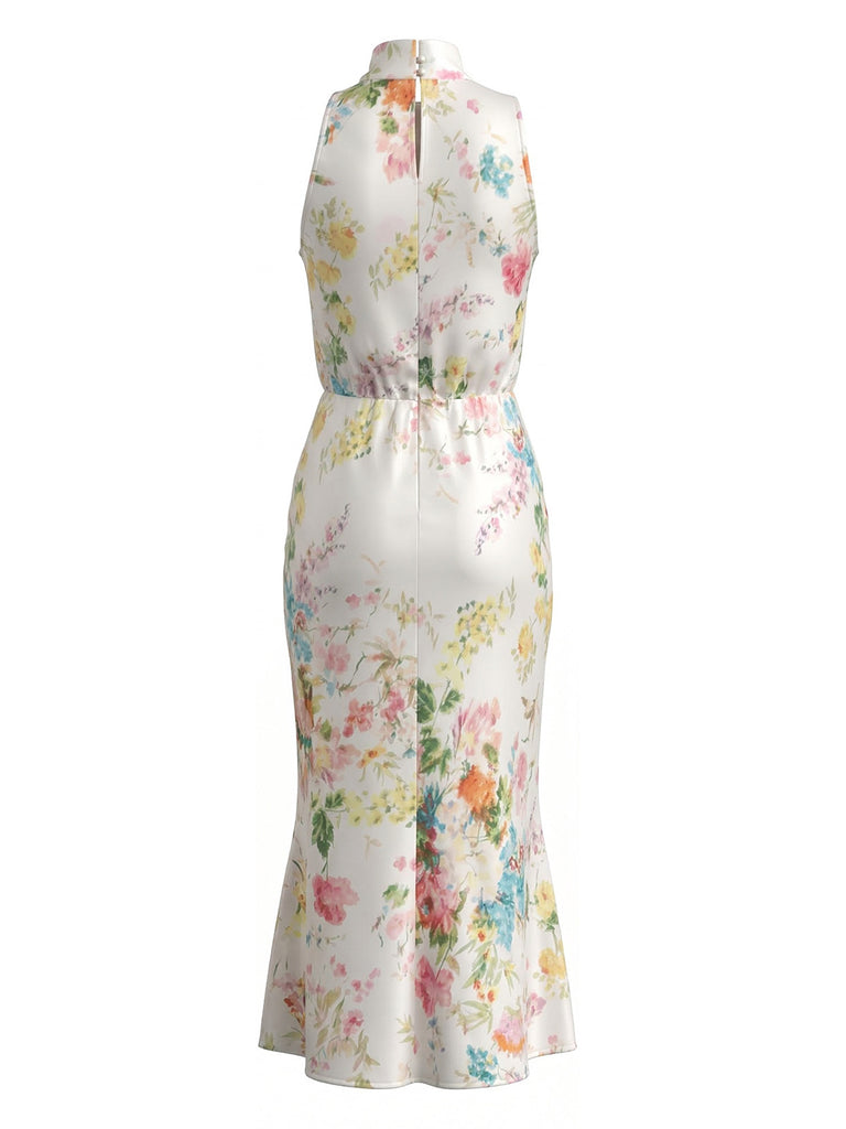 1930s Mock Neck Watercolor Floral Satin Mermaid Dress: beautiful vintage dress, retro fashion, elegant style with timeless appeal