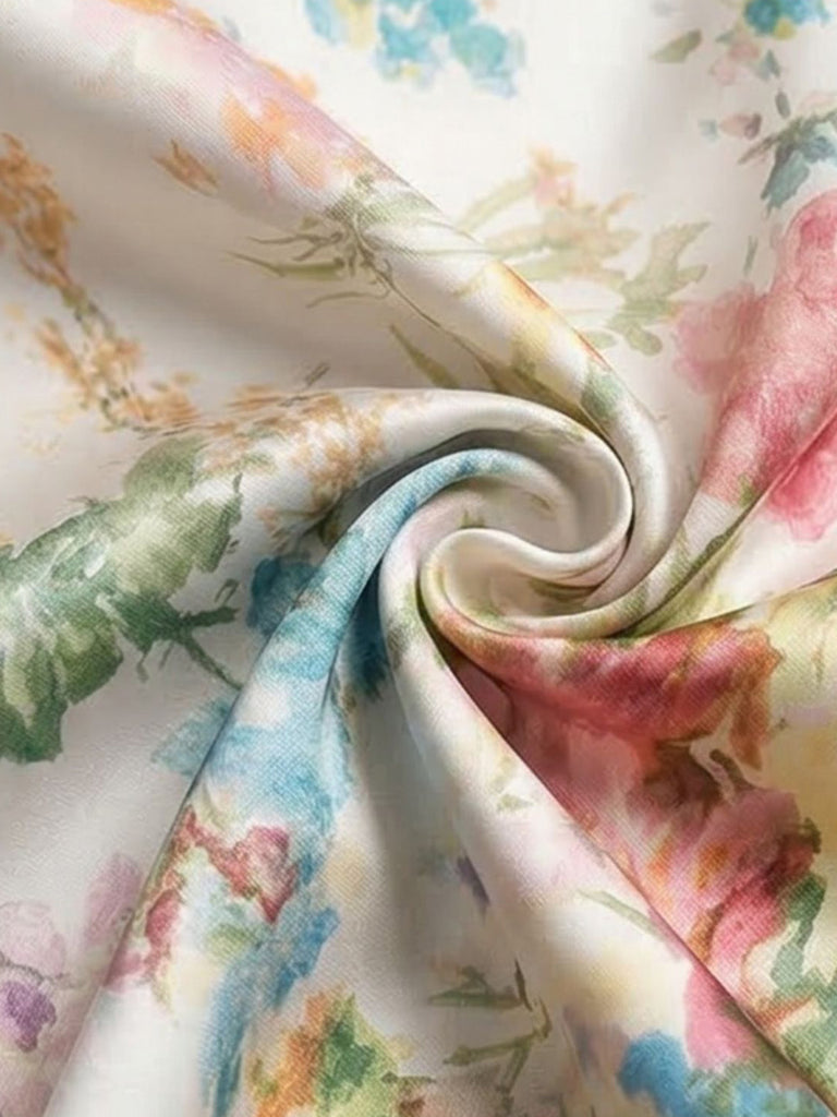 1930s Mock Neck Watercolor Floral Satin Mermaid Dress: beautiful vintage dress, retro fashion, elegant style with timeless appeal