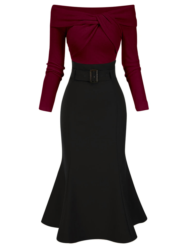 1930s Off Shoulder Knit Belt Mermaid Dress - vintage dress, retro fashion