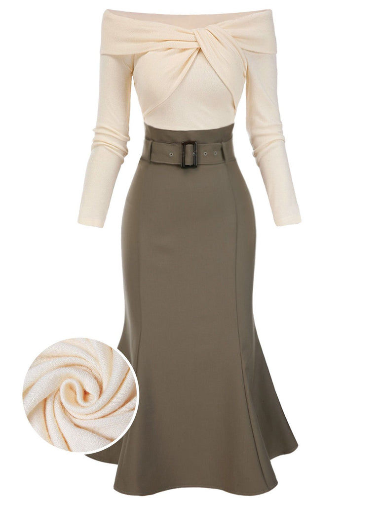 Khaki 1930s Off Shoulder Knit Belt Mermaid Dress, vintage dress, retro fashion - perfect for women who love vintage and retro fashion