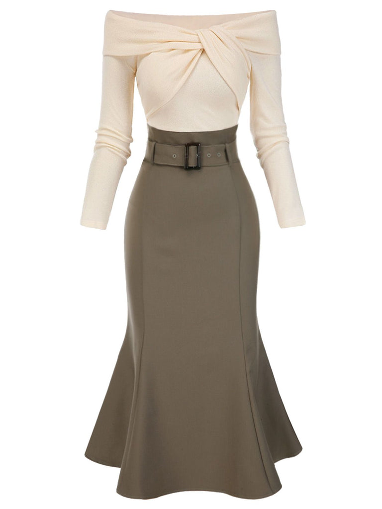 Khaki 1930s Off Shoulder Knit Belt Mermaid Dress, vintage dress, retro fashion - perfect for women who love vintage and retro fashion