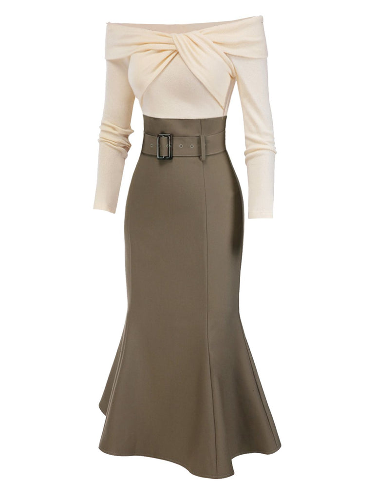 Khaki 1930s Off Shoulder Knit Belt Mermaid Dress, vintage dress, retro fashion - perfect for women who love vintage and retro fashion