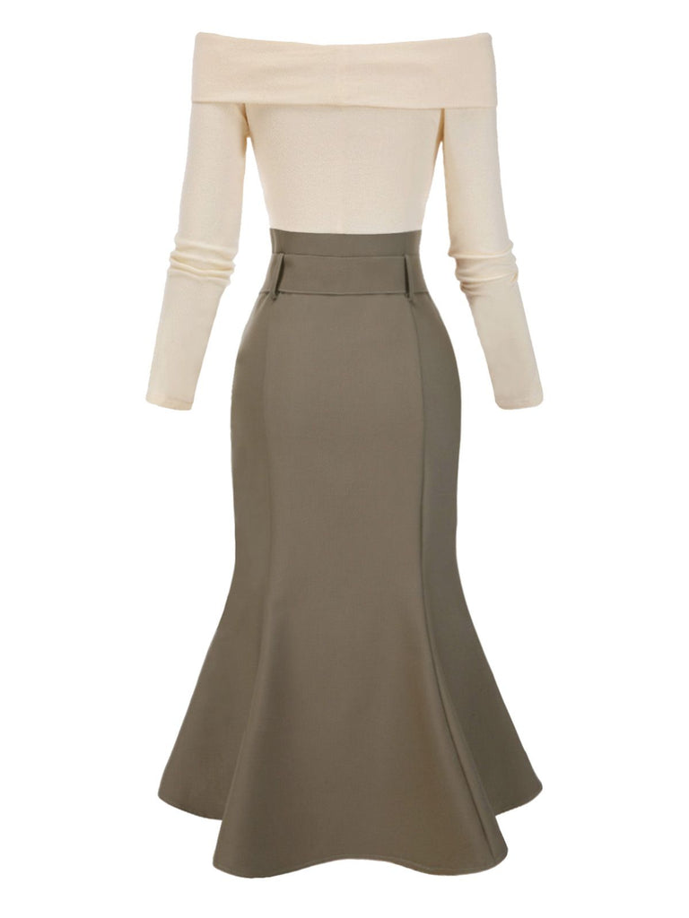 Khaki 1930s Off Shoulder Knit Belt Mermaid Dress, vintage dress, retro fashion - perfect for women who love vintage and retro fashion