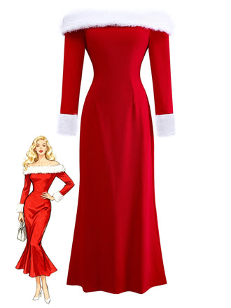 1930s Off-Shoulder Faux Fur Trim Christmas Dress - vintage dress, retro fashion