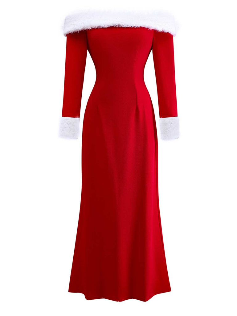 1930s Off-Shoulder Faux Fur Trim Christmas Dress - vintage dress, retro fashion