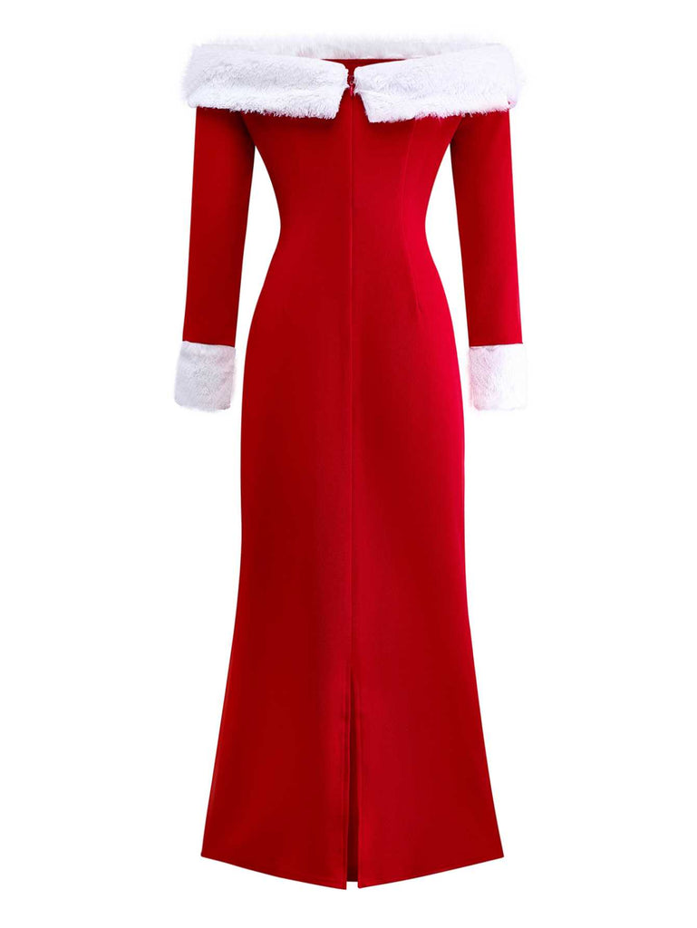 1930s Off-Shoulder Faux Fur Trim Christmas Dress - vintage dress, retro fashion