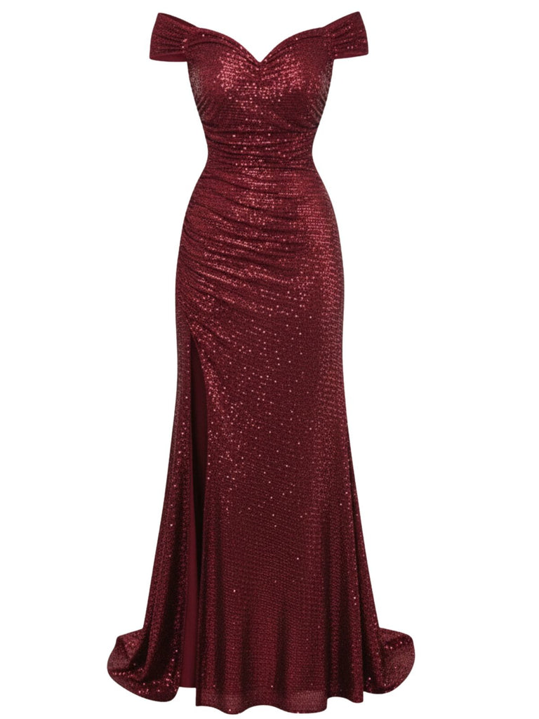 1930s Off-Shoulder Glitter Slit Maxi Dress - vintage dress, retro fashion