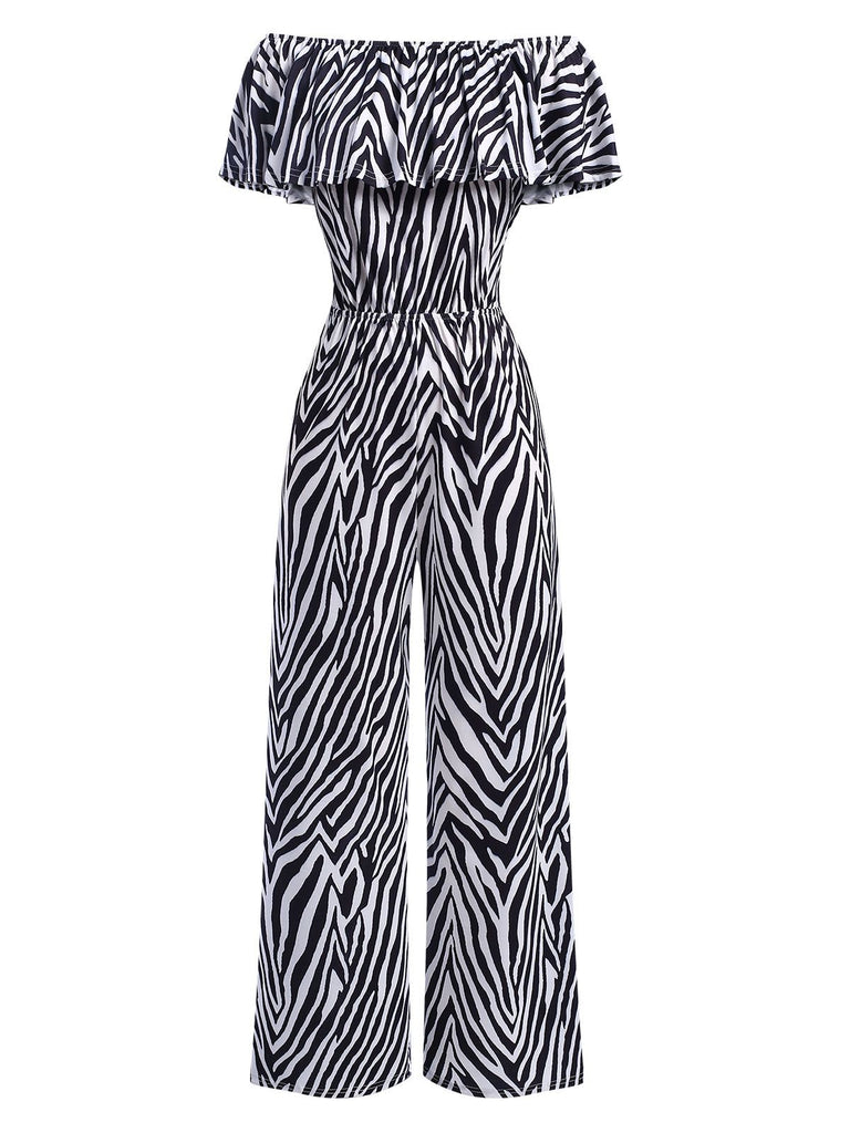 She slips into 1930s Off-Shoulder Zebra Stripe Jumpsuit and channels 1930s screen sirens