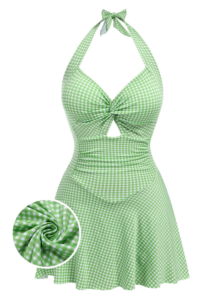 1930s Plaid Halter One-Piece Swimsuit — 1930s poolside glamour meets sun-drenched confidence