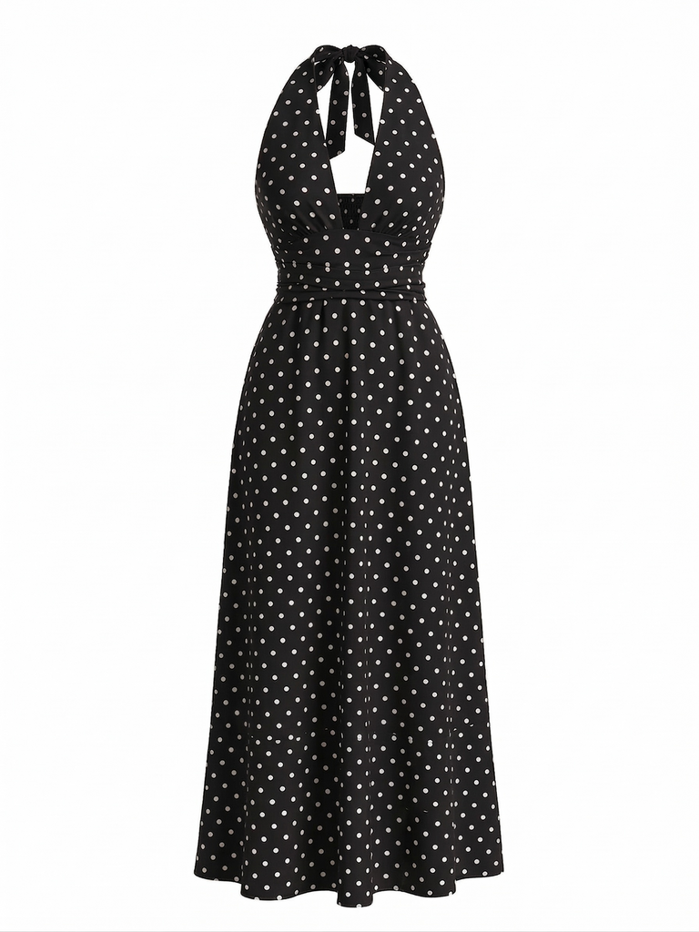 1930s Polka Dot Halter Deep V-Neck Maxi Dress, vintage dress, retro fashion - perfect for women who love vintage and retro fashion