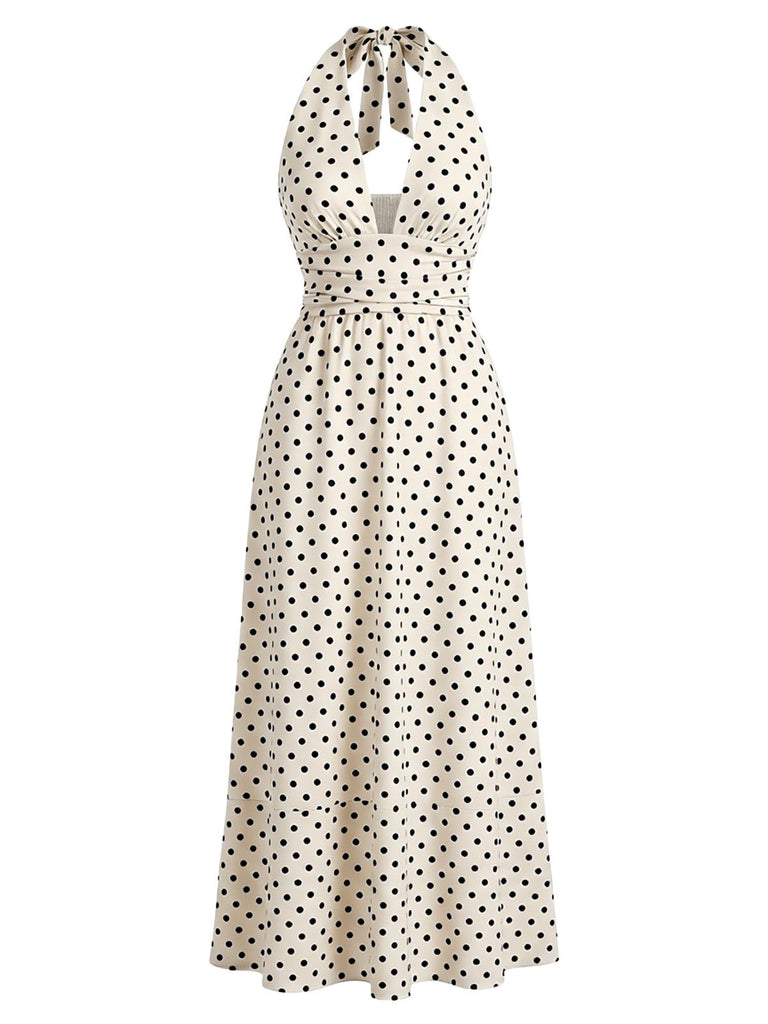 1930s Polka Dot Halter Deep V-Neck Maxi Dress, vintage dress, retro fashion - perfect for women who love vintage and retro fashion