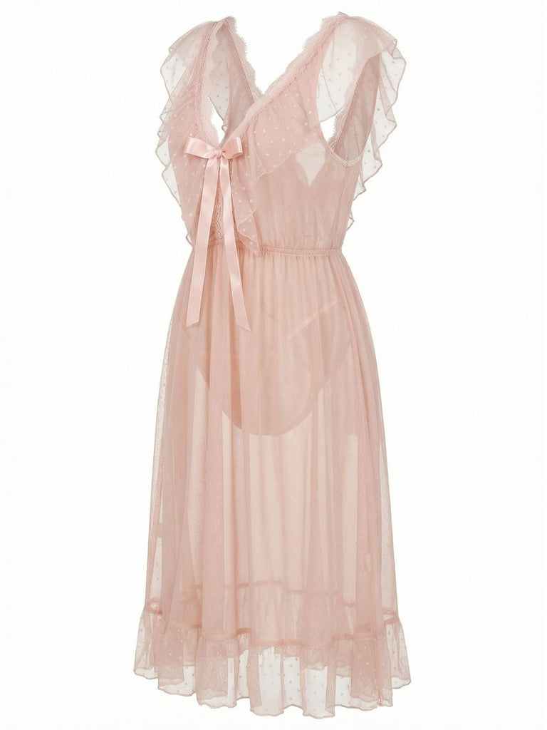 1930s Polka Dot Spaghetti Strap Mesh Princess Nightgown: beautiful vintage lingerie, retro nightgown, elegant sleepwear with timeless appeal