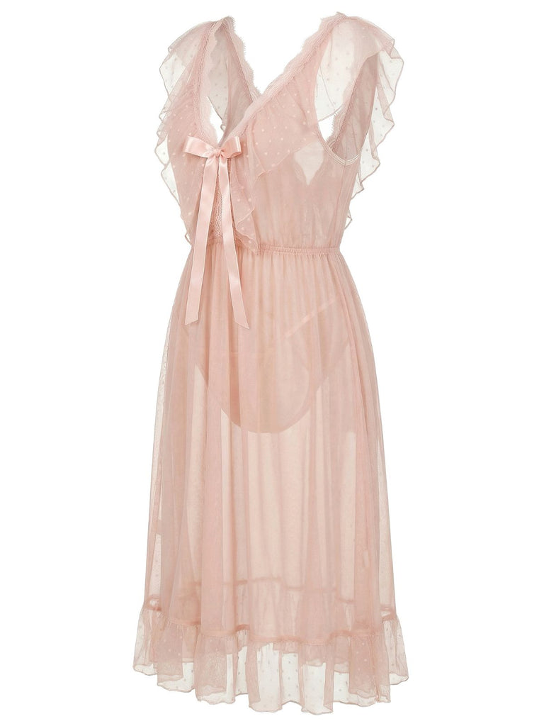 1930s Polka Dot Spaghetti Strap Mesh Princess Nightgown | vintage lingerie, retro nightgown, elegant sleepwear - perfect for retro fashion enthusiasts