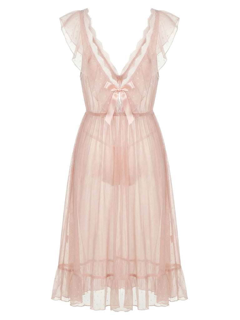 1930s Polka Dot Spaghetti Strap Mesh Princess Nightgown - vintage lingerie, retro nightgown, elegant sleepwear for vintage lovers