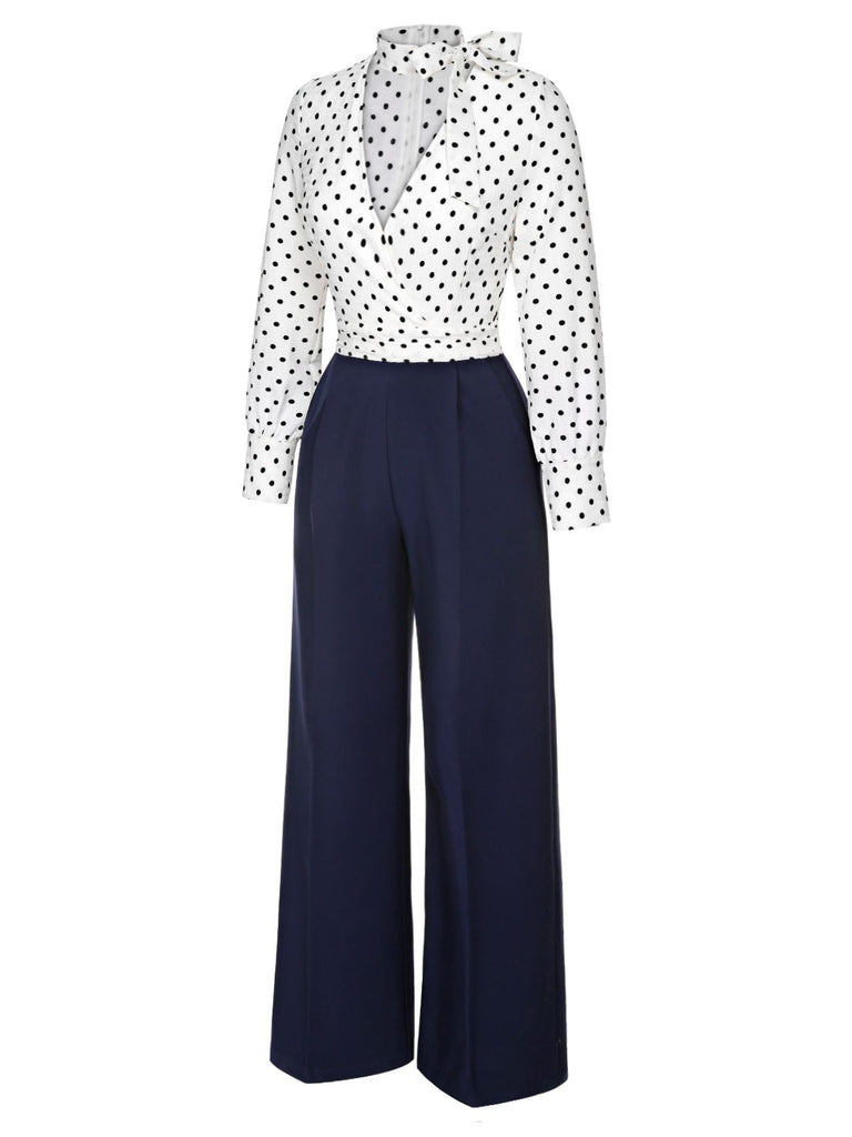 Blue & White 1930s Polka Dots Tie Neck Jumpsuit, vintage romper, retro jumpsuit - perfect for women who love vintage and retro fashion
