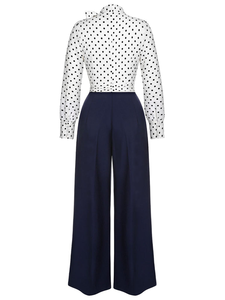Blue & White 1930s Polka Dots Tie Neck Jumpsuit, vintage romper, retro jumpsuit - perfect for women who love vintage and retro fashion