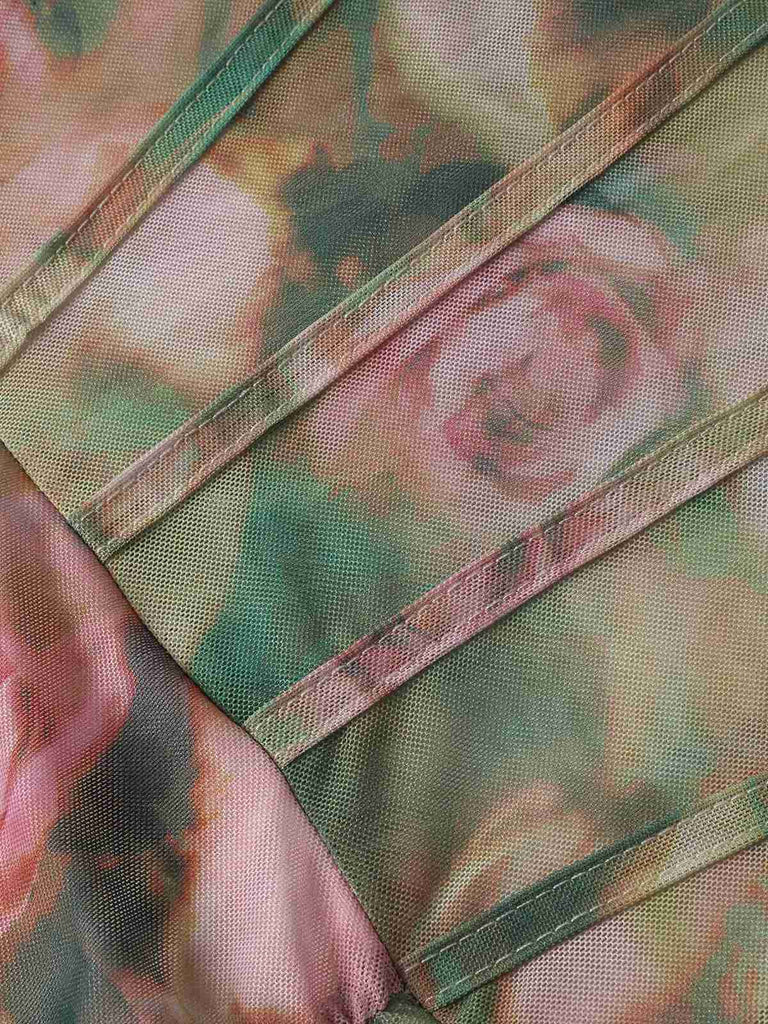 1930s Rose Print Fishbone Ruched Slit Dress - vintage dress, retro fashion