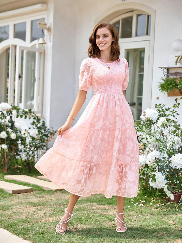 1930s Round Neck Puff Sleeve Wrinkle Dress: where 1930s romance meets her modern spirit