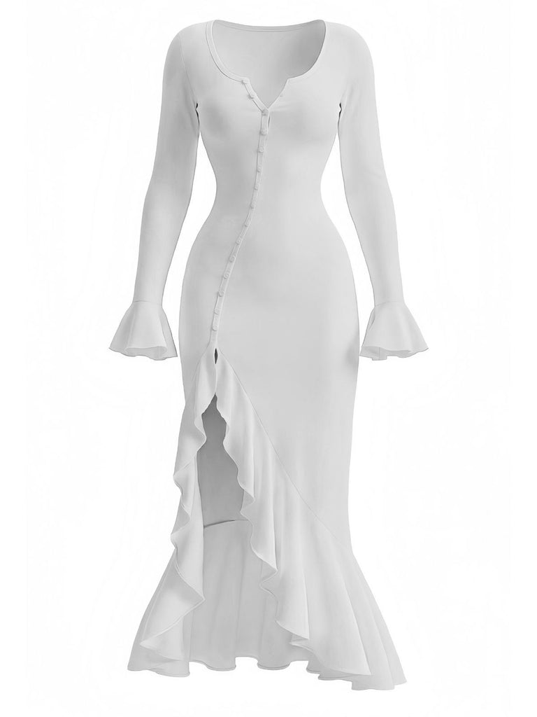 1930s Ruffled Button Side Slit Midi Dress - vintage dress, retro fashion