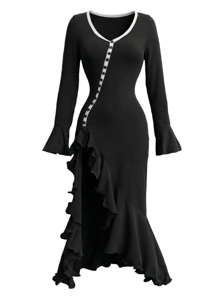1930s Ruffled Button Side Slit Midi Dress - vintage dress, retro fashion