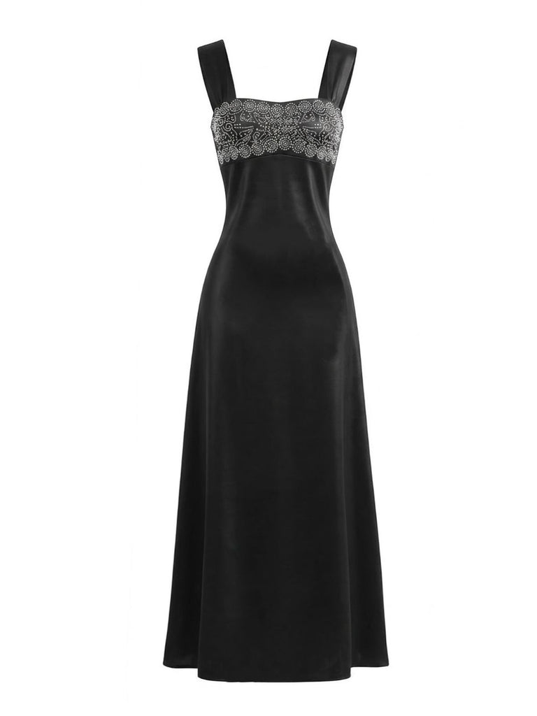 1930s Satin Rhinestone Wide-Strap Maxi Dress - vintage dress, retro fashion