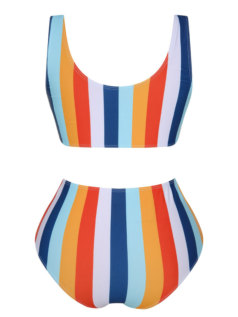1930s Scoop Neck Rainbow Striped Swimsuit Set, vintage swimsuit, pin-up swimwear - perfect for women who love vintage and retro fashion