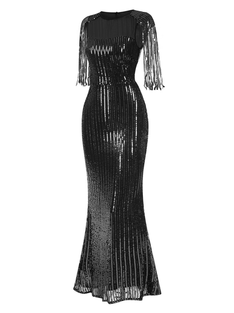 View 10: 1930s 1930s Sequined Tassels Mesh Patchwork Dress, perfect for retro themed parties, vintage fashion enthusiasts and special occasions