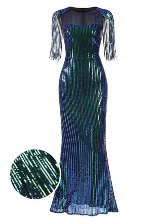 Front view: 1930s 1930s Sequined Tassels Mesh Patchwork Dress, perfect for retro themed parties, vintage fashion enthusiasts and special occasions